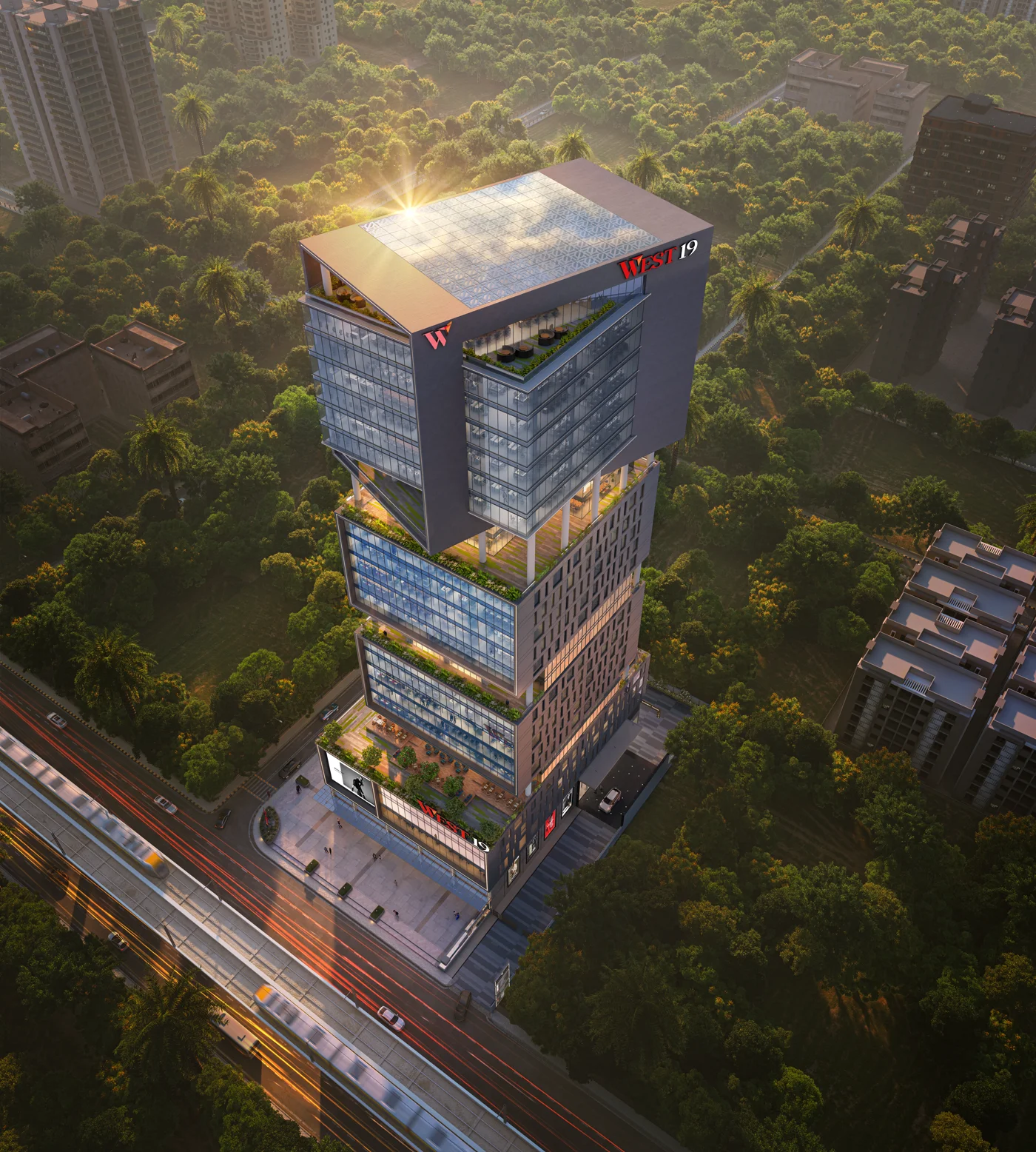 West 19 Aerial Evening, Grade-A Commercial Tower, Nagpur